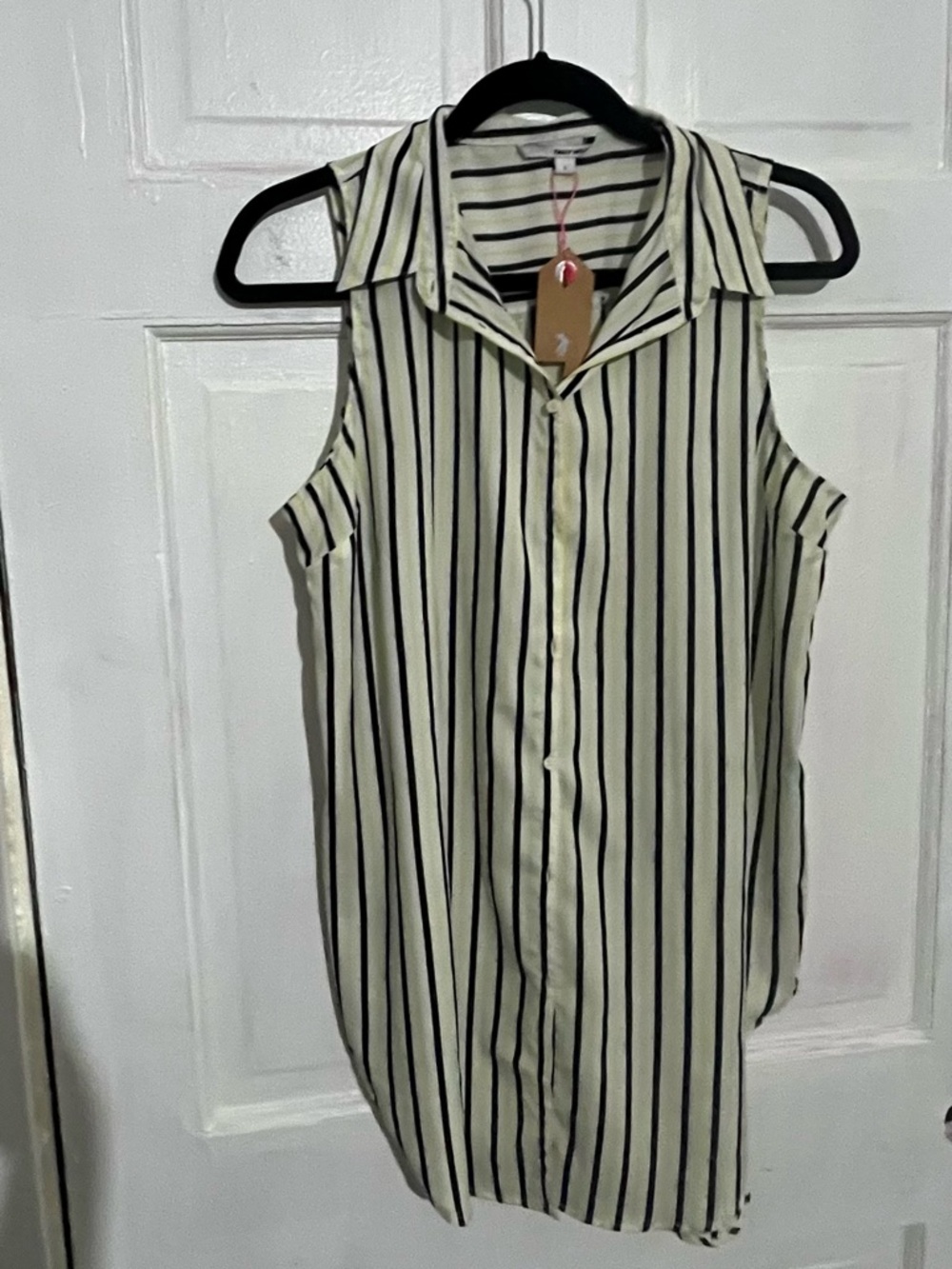 Sleeveless Black, Yellow & Cream Stripe Collared Shirt - Women Tops